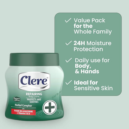Clere Repairing Body Cream with Herbal Camphor, Tissue Oil, Glycerine, Vitamins E & A, 24-Hour Moisturisation, 500ml