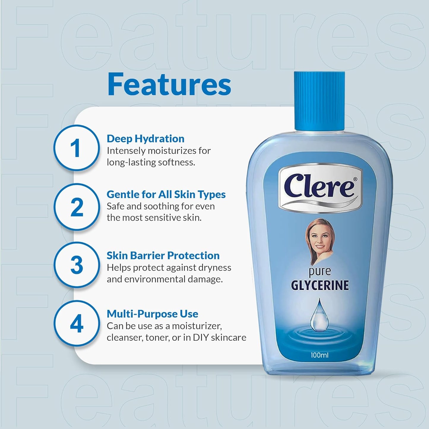 CLERE 100% Pure Glycerin Liquid for Versatile Body Skin Care, Glycerine for Face Moisturizes Dry Skin & Softens, Glycerol Reduces Stretch Marks