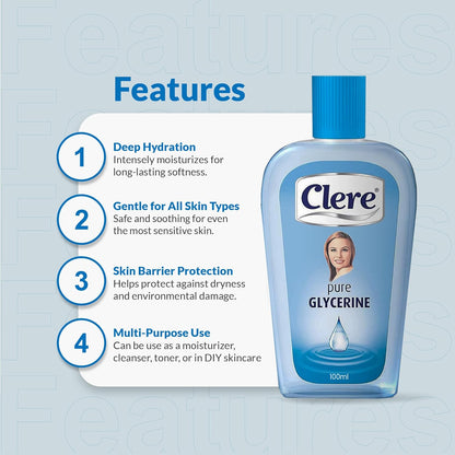 CLERE 100% Pure Glycerin Liquid for Versatile Body Skin Care, Glycerine for Face Moisturizes Dry Skin & Softens, Glycerol Reduces Stretch Marks